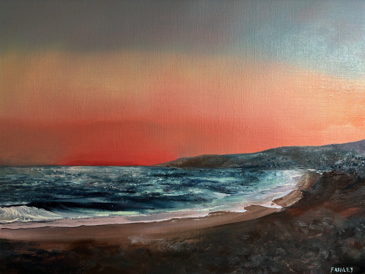 Sunset over Zuma Beach; original oil painting by Jessica Fairley